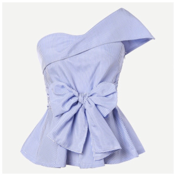 Tops - Blue & White Stripe Asymmetrical Collar Top